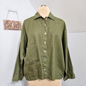 NEW What's Up Linen Button Down Pockets Green Oversized Top Size Large